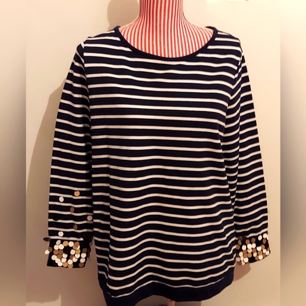 Crown & Ivy Navy and White Striped Top Accent Sequins on Sleeves! Size Medium